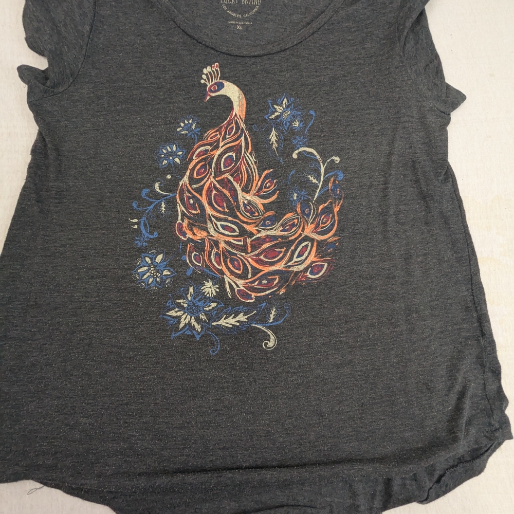 Lucky Brand Gray Peacock Graphic Women's Top XL